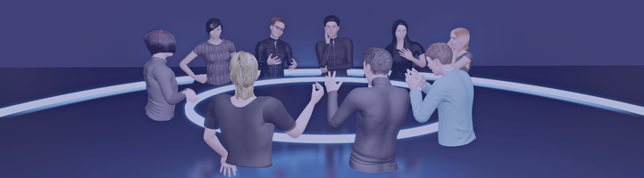 Inside the Metaverse - a group of avatars having a business meeting in the Metaverse thanks to VR technology. 